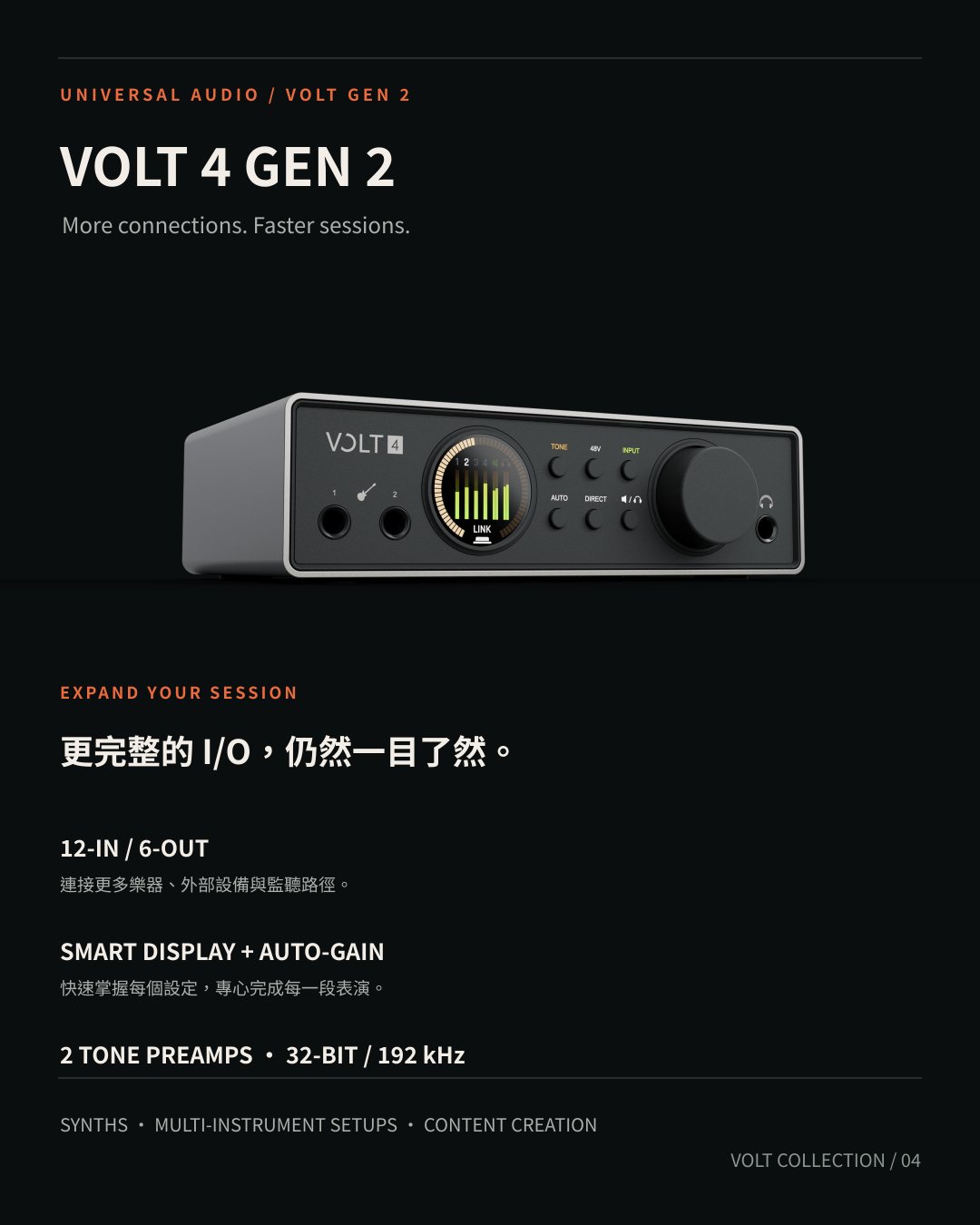 Universal Audio Volt 4 Gen 2 USB Audio Interface 規格示意
